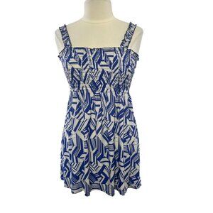 Seven Islands Smocked Sun Dress 2X Blue White New Geometric Print